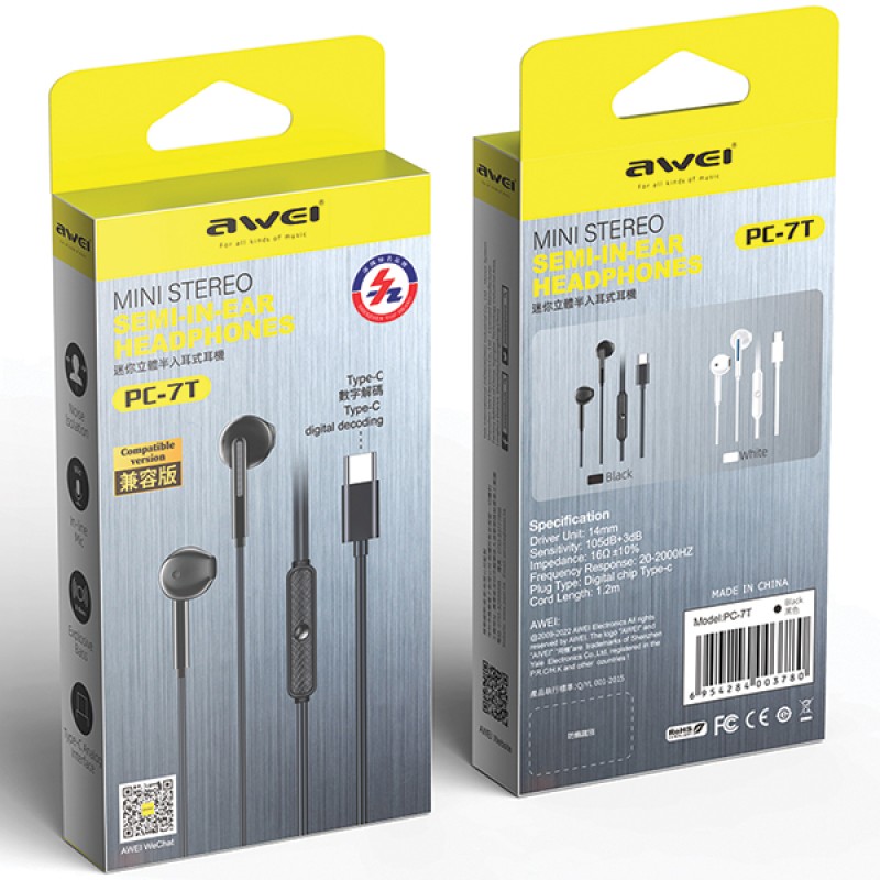 AWEI PC-7T Ακουστικά Type C 1,2m Wired in-ear headphones Μαύρο AWEI PC-7T Ακουστικά Type C 1,2m Wired in-ear headphones Μαύρο