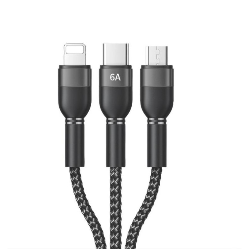 Καλώδιο Φόρτισης Recci RTC-T12 3 σε 1 66W (Lightning, Type-C, Micro) 120cm – Black