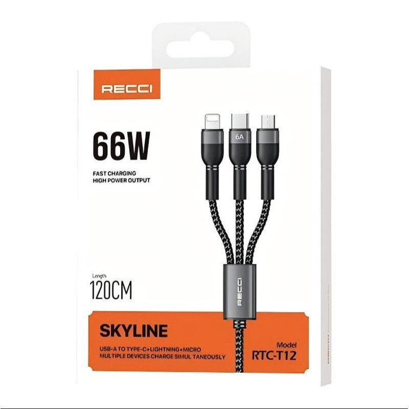 Καλώδιο Φόρτισης Recci RTC-T12 3 σε 1 66W (Lightning, Type-C, Micro) 120cm – Black