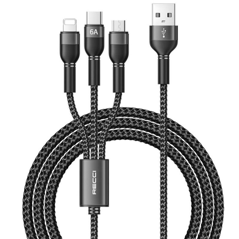 Καλώδιο Φόρτισης Recci RTC-T12 3 σε 1 66W (Lightning, Type-C, Micro) 120cm – Black