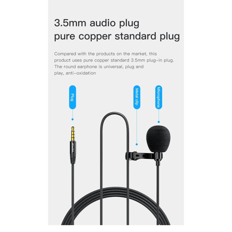 Awei MK1 Πυκνωτικό Μικρόφωνο 3.5mm Πέτου, Clip On Δημοσιογραφικό Awei MK1 Πυκνωτικό Μικρόφωνο 3.5mm Πέτου, Clip On Δημοσιογραφικό
