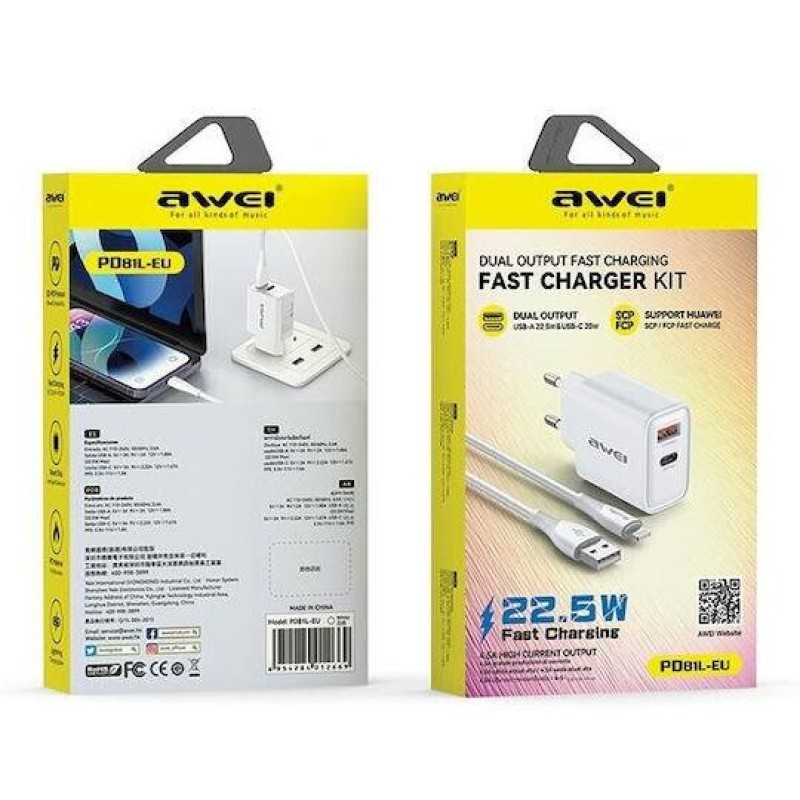 Awei Φορτιστής με Θύρα USB-A και USB-C και Καλώδιο USB-C / Lightning 22.5W PD Λευκός (PD81) Awei Φορτιστής με Θύρα USB-A και USB-C και Καλώδιο USB-C / Lightning 22.5W PD Λευκός (PD81)