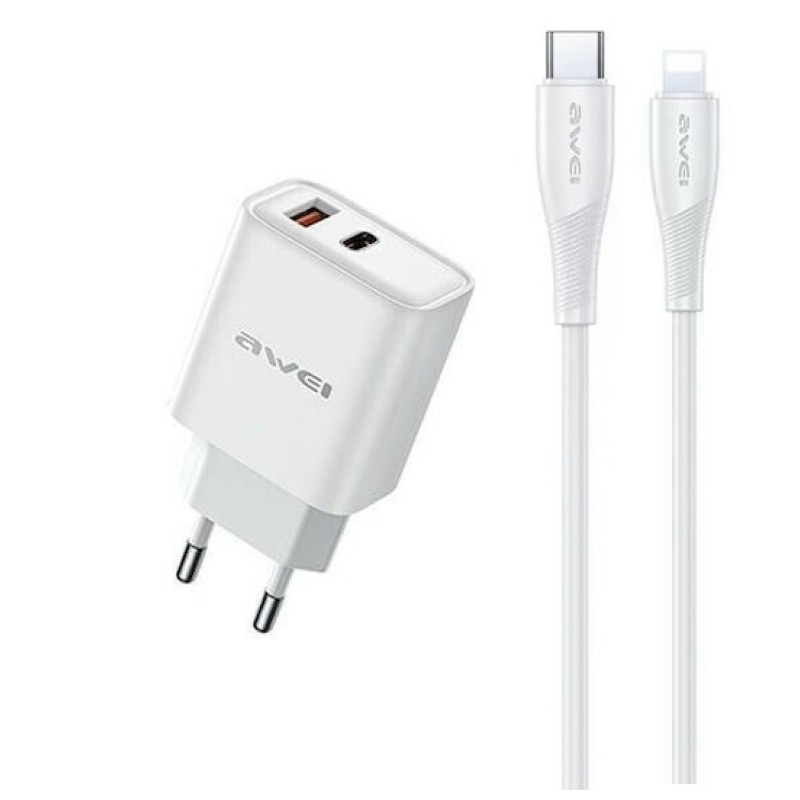 Awei Φορτιστής με Θύρα USB-A και USB-C και Καλώδιο USB-C / Lightning 22.5W PD Λευκός (PD81) Awei Φορτιστής με Θύρα USB-A και USB-C και Καλώδιο USB-C / Lightning 22.5W PD Λευκός (PD81)