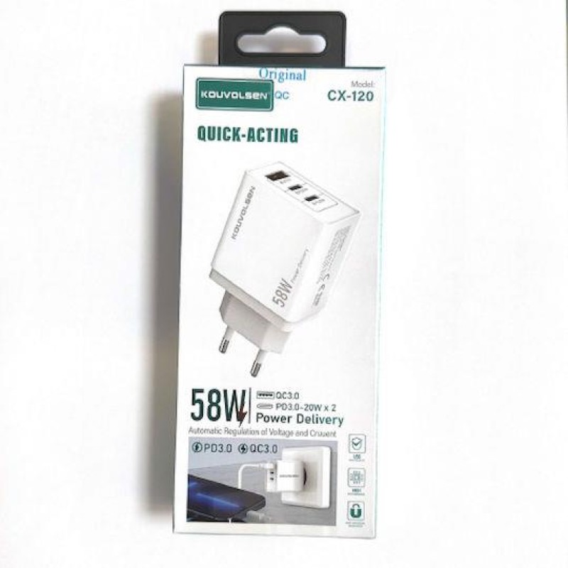 Kouvolsen CX-120 Φορτιστής με Θύρα USB-A και 2 Θύρες USB-C 58W Quick Charge 3.0 Λευκός Kouvolsen CX-120 Φορτιστής με Θύρα USB-A και 2 Θύρες USB-C 58W Quick Charge 3.0 Λευκός