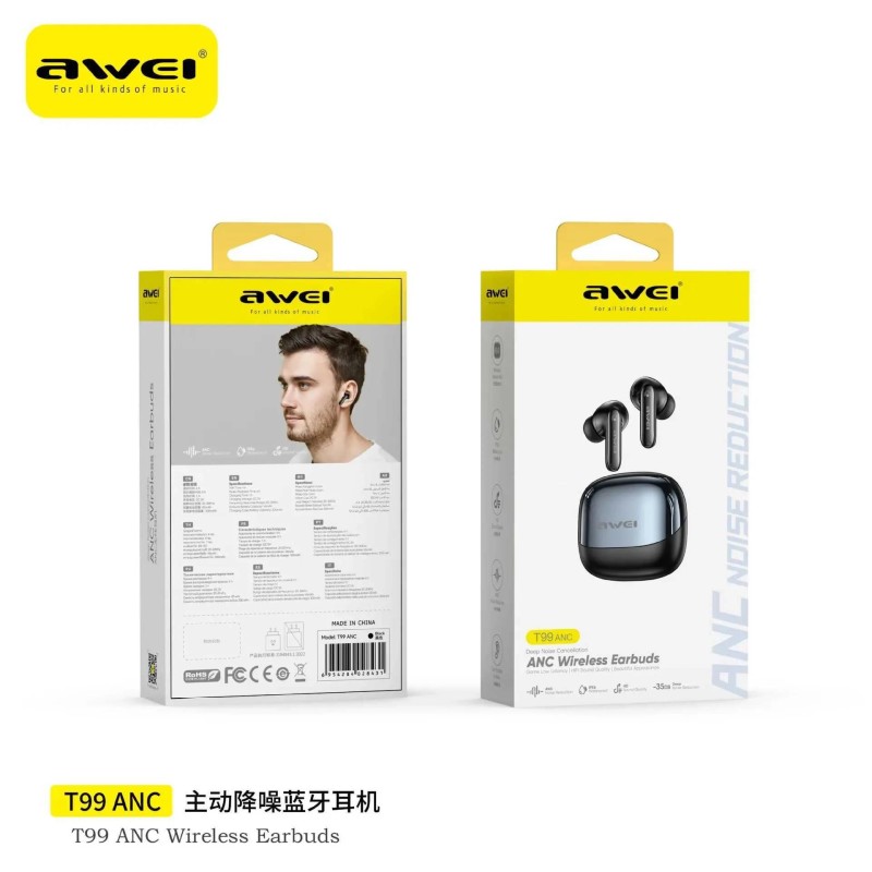 Awei T99 ANC True Wirelees Earbuds with Charging Case Black Awei T99 ANC True Wirelees Earbuds with Charging Case Black