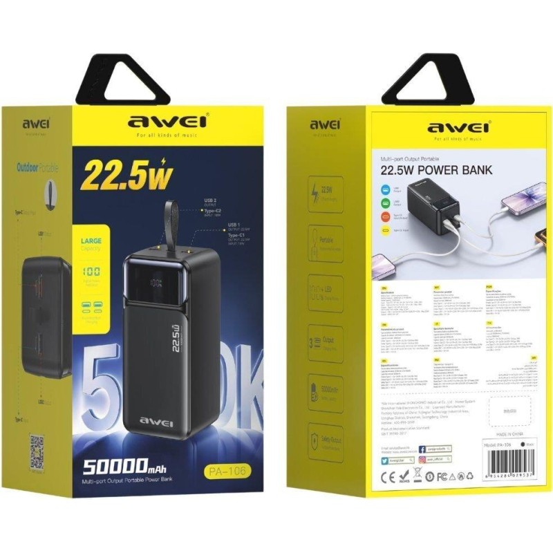 Awei PA-106 Powerbank 50.000mAh 22.5W PD – 1x USB-C + 2x USB-A Awei PA-106 Powerbank 50.000mAh 22.5W PD – 1x USB-C + 2x USB-A